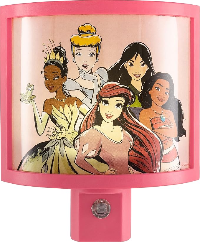 Disney Princess Wrap Shade LED Night Light, Plug-in, Dusk to Dawn, Girls Bedroom Decor, Ambient Lighting, Sleep Light, Ideal for Nursery, Bathroom, 60734