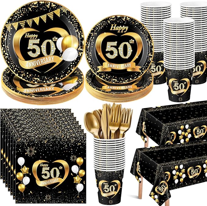 Pickmesh 194 Pcs Black Gold 50th Wedding Anniversary Party Decoration for 24, Happy 50th Anniversary Paper Plates and Napkins Cups Tablecloth Cutlery Set for Employee Career 50 Years Women Men