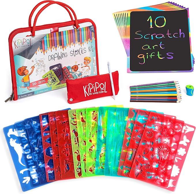 Kipipol 63 Pcs Drawing Stencils for Kids Ages 4-8 - 8-12 and Up - Arts and Crafts for Girls and Boys - Kids Drawing kit - Arts Set- 15 Art Stencils, 260+ Designs -Scratch Art- Creativity Gifts & Toys