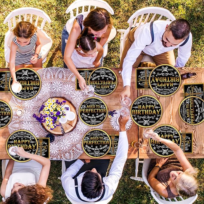 96 Pcs Aged to Perfection Party Plates Napkins Tableware Set Vintage Theme Birthday Supplies Disposable Dinnerware Black Gold Happy Birthday Party Decoration Favors for Men, 24 Guests