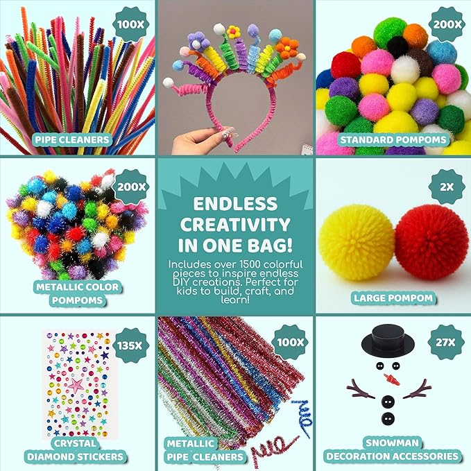 Yameer Arts and Crafts Supplies for Kids 1500+ Pcs - All in One DIY Art Craft Supplies for Kids and Toddlers - Kid Crafting School Supply Kit & Materials Age 4 5 6 7 8 9