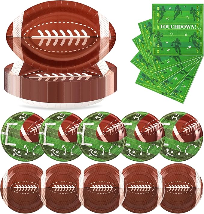 72PCS Football Party Plates and Napkins, 11.8in Football Shaped Disposable Paper Plates, Football Theme Party Supplies, Sports Game Birthday Party Decorations, Touchdown Party Decoration