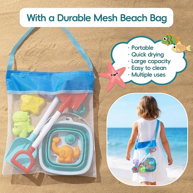 Sawaruita Beach Toys for Kids - Sand Toys Set Includes Collapsible Bucket Shovel and Mesh Bag 17 PCS, Toddlers Sandbox Toys Sandcastle Building Kit (Kids Beach Toy Set)