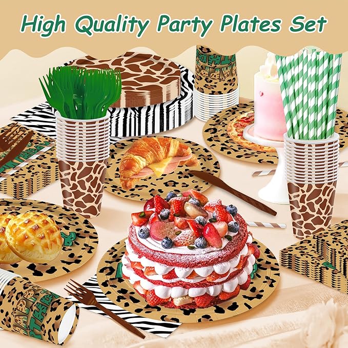 168PCS Mouse Safari Party Supplies for Kids Boys Girls, Cartoon Jungle Birthday Party Tableware Jungle Birthday Party, Zoo Adventure Plates, Napkins, Cups, Knife, fork, straw Set Serves 24