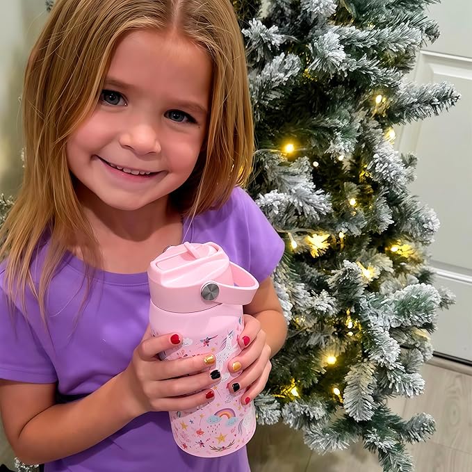 OLDLEY kids Water Bottle - 18oz Insulated Stainless Steel - Wide Straw Lid, Non Spill, Leakproof, Kids Water Bottle for School,Unicorn