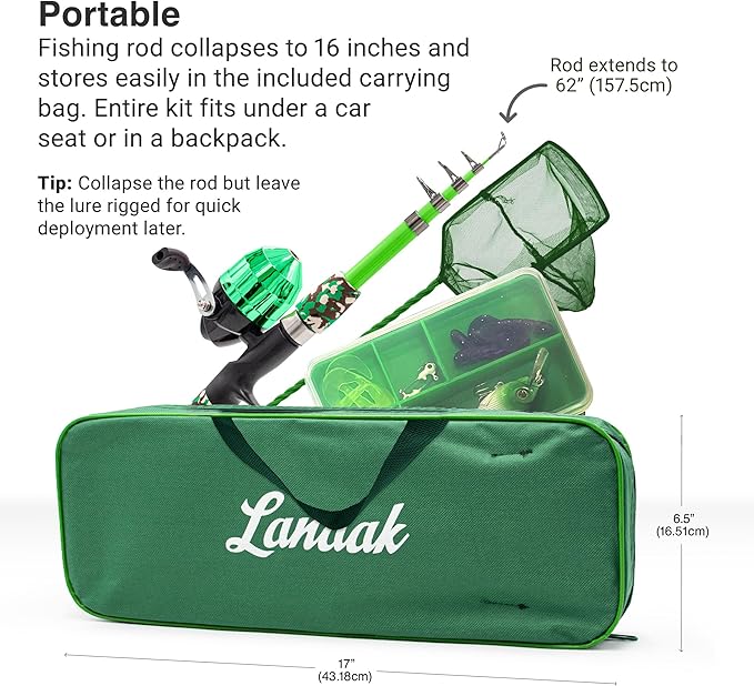Lanaak Kids Fishing Pole, Kids Portable Telescopic Fishing Rod Set, Tackle Box and Fishing Net Combo Kit, Kids Fishing Gear for Boys and Girls Age 5-10 and Youth