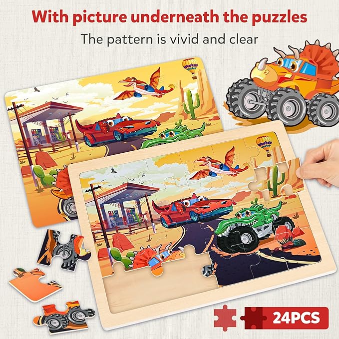 SYNARRY Large Wooden Monster Truck Puzzles for Kids Gift Box(12.2*9.4 in), 24 Piece Puzzles for Toddlers 3-5, Wood Jigsaw Puzzles for Kids Ages 4-6, Easter Basket Stuffers Gifts for Kids
