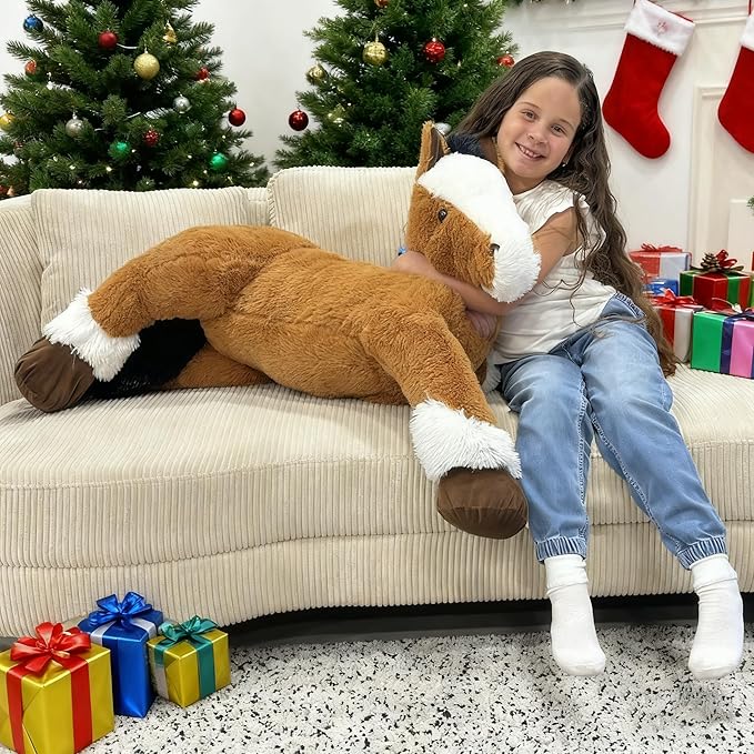 Tezituor 4ft Darkbrown Horse Stuffed Animals, 47Inches Realistic Stuffed Pony Plush Toys for Ridding, Hugging Soft Horse Plush Body Pillow Christmas Birthday Gift for Boys Girls
