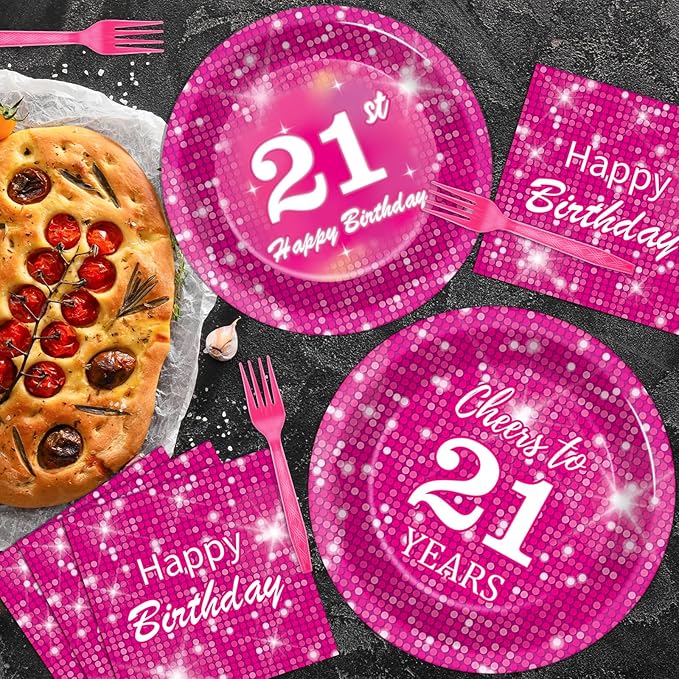 96 Pcs Hot Pink Disco Birthday Party Plates Napkins Tableware Set Pink 21th Supplies Disposable Dinnerware Happy 21 Years Old Decoration Favors for 21th Disco Theme Party Favor, 24 Guests