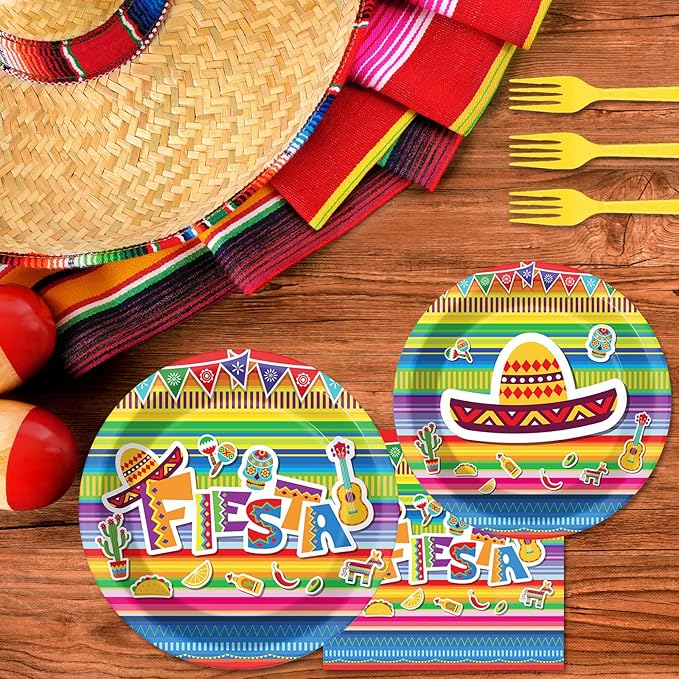 96 Pieces Fiesta Party Decorations Mexican Plates Tableware Set for De Mayo Party Decorations Supplies Mexican Themed Paper Dessert Plates Napkins Forks for 24 Guests Birthday Party Favors