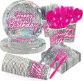 168Pcs Disco Birthday Party Decorations Hot Pink Silver Glitter Sequins Plates and Napkins Cups Forks Tableware Sets for Women Girls 70s 80s Theme Disco Neon Pastel Rainbow Party Supplies Serves 24