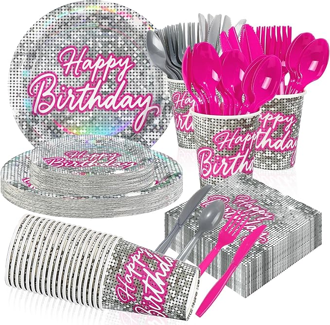 168Pcs Disco Birthday Party Decorations Hot Pink Silver Glitter Sequins Plates and Napkins Cups Forks Tableware Sets for Women Girls 70s 80s Theme Disco Neon Pastel Rainbow Party Supplies Serves 24