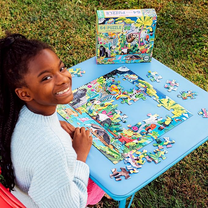 eeBoo: Rainforest - 64 Piece Puzzle - 15" x 15" Jigsaw, Vibrant Animal & Nature Scene, Informational Poster, Big Sturdy Dustless Pieces, Kids Ages 5+