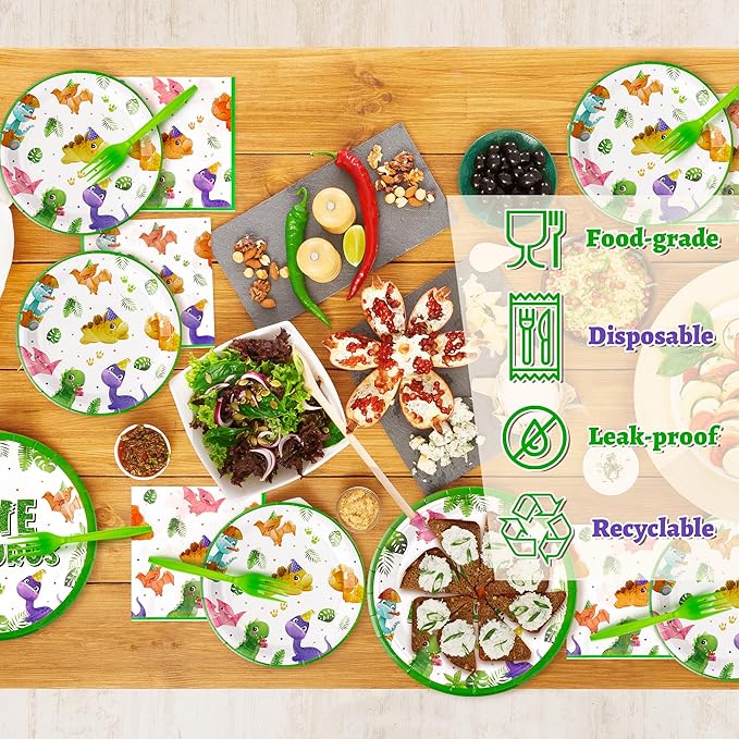 Dinosaur 1st Birthday Party Supplies - 96Pcs Watercolor One A Saurus Plates Napkins Forks Tableware Set, Dinosaur Theme Disposable Party Decoration for Boys Kids First Birthday Table Decor, Serve 24