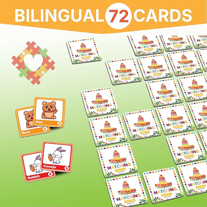 72 (36 Pairs) Spanish English Bilingual Alphabet Numbers Memory Matching Game Language Learning Games for ESL and Language Immersion for Teens.