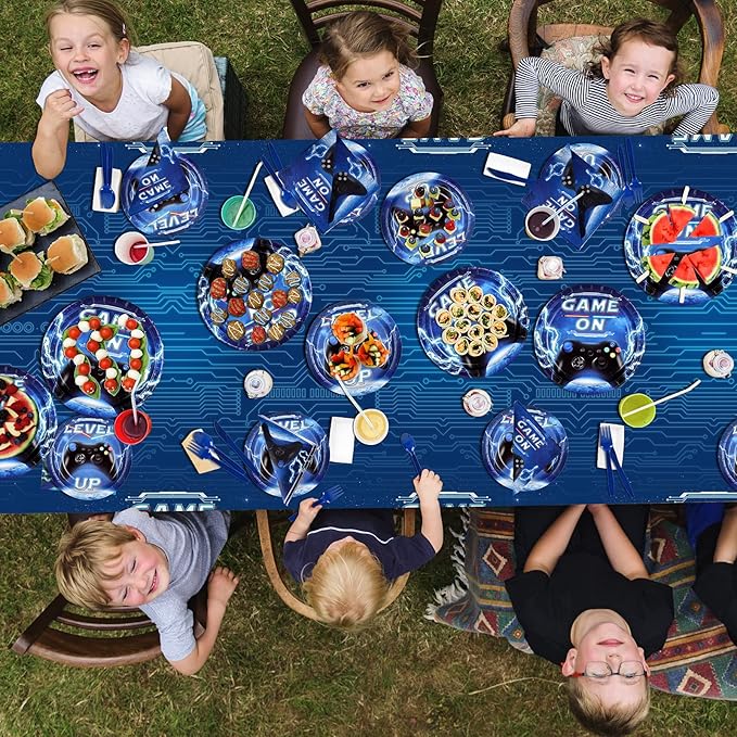 Video Game Party Supplies Kit Serve 25,Includes Dinner Plates,Dessert Plates,Napkins,Cups,Cutlery,Tablecloth,Banner for Gamer Birthday Party Decorations for Boys Adults.