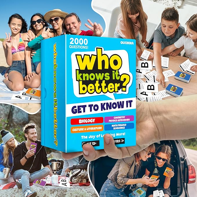QUOKKA Board Games for Kids 8-12 and Family - Set of 4 Who Knows It Better? - 2000+ Questions Across Biology, Culture, STEM and Math - Educational Trivia Cards for Learning and Game Night