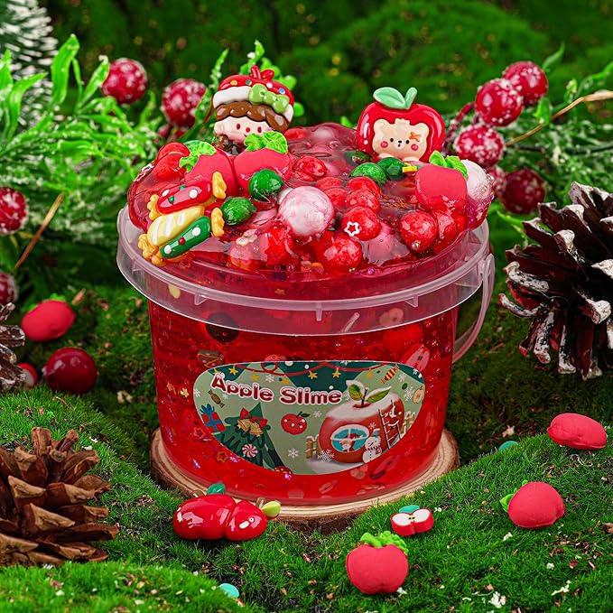 LAWOHO 300ml Apple Clear Slime with Clay, Red Slime Kit for Girls & Boys with 9 Packs Cute Add-Ins for Kids Party Favors, Non Stick Slime Making Kit for Birthday Halloween Christmas Easter Gifts