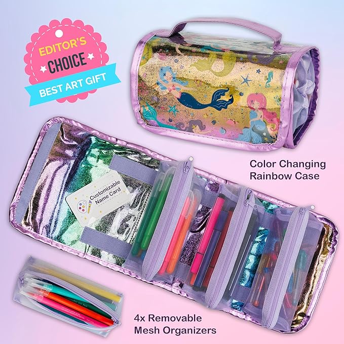 PapaKit Creative Art Coloring Set (Mermaid), Includes Travel Bag, Assorted Washable Marker Set, Glitter Pens & Coloring Pages, Art Supplies Great Gift