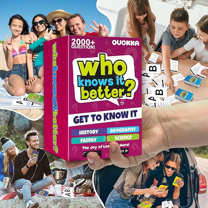 Board Games for Kids 8-12 – Set of 4 Family Card Games for Kids and Adults – Trivia Cards for Family Game Night – Who Knows It Better – 2000+ Questions History, Geography, Science – Fun Card Game