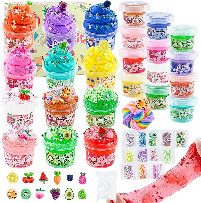 12 x 80 mL Big Slime Kit, 32 FL OZ Slime Includes 6 Butter & 6 Clear Crystal Slimes, 38 Pcs Slimes Pack with Charms & Jelly Cube Add-ins, Party Favors for Kids