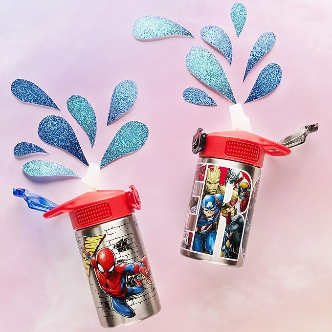 Zak Designs Stainless Steel One Hand Operation Lid and Built-in Carrying Loop Water Bottle with Straw Spout is Perfect for Kids (15.5 oz, BPA Free), 1 Count (Pack of 1), Marvel Comics Spider-Man