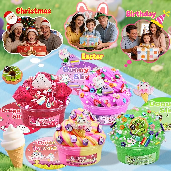LAWOHO 15 Pack DIY Dessert Slime Kit for Kids - Super Soft, Non-Sticky & Crunchy Butter Slime, Creative Food Theme DIY Toy for Stress Relief, Party Favors, Christmas Birthday Goodie Bag Stuffers Gift