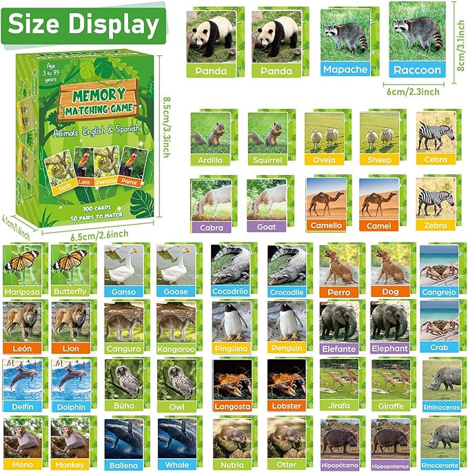 gisgfim 100 PCS Memory Matching Games Spanish English Bilingual Animal Memory Matching Games Educational Game for Kids and Adults A Fun & Fast Animal Game Toddlers Preschool Family Board Gift