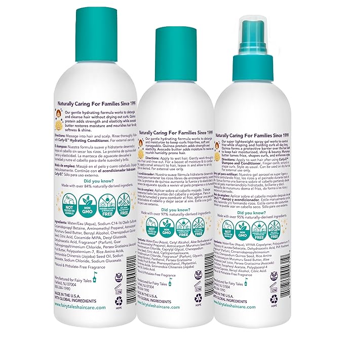 Fairy Tales Curly Q Hydrating Kids Shampoo 12oz, Conditioner 8oz, and Styling Spray Gel 8oz - Paraben, Sulfate, Gluten, and Nut Free - For All Curl Types Including Multi Cultural Hair (3 Pack)