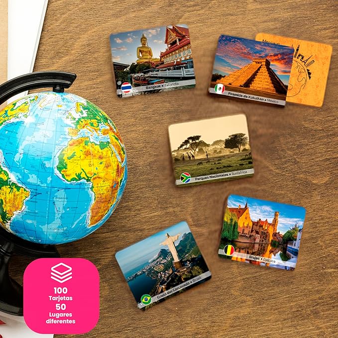 Menique Explore The World Memory Matching Game – Spanish Edition – 100 Cards (50 Pairs) with Iconic Landmarks, Country & Flag – Educational Geography Game in Spanish.