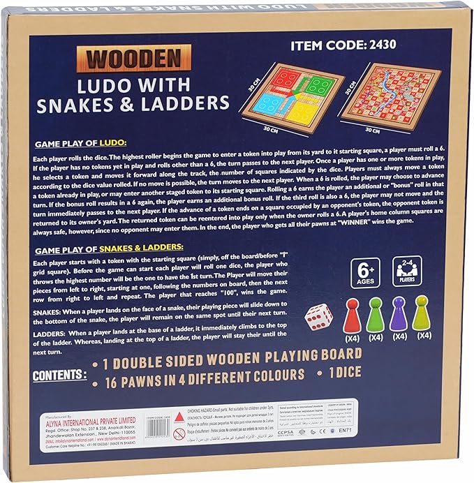Ankit Toys & Games 2 in 1 Ludo & Snakes & Ladders Wooden Board Game – Premium Reversible Solid Family Game Set Classic Strategy & Luck Game Perfect Educational Gift for Kids & Adults Durable Board