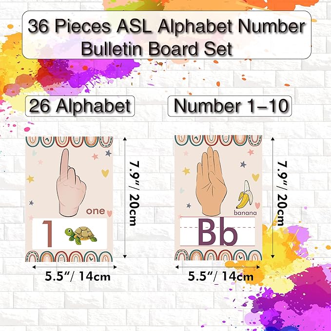 YIYDONG 36 Pieces ASL Alphabet Line Bulletin Board Set ABC Number Sign Language Flash Cards Wall Decorations for Pre-School Kindergarten Elementary Classroom Nursery Homeschool (Boho Rainbow)