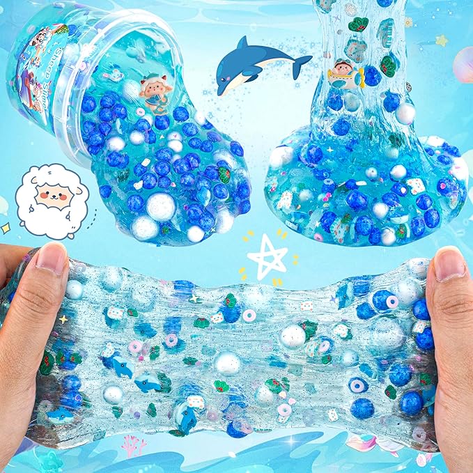 LAWOHO 300ml Ocean Clear Slime with Clay, Blue Slime Kit for Girls & Boys with 11 Packs Ocean Add-Ins for Kids Party Favors, Non Stick Sheep Clear Slimes for Birthday Halloween Christmas Easter Gifts