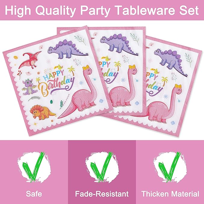 96 Pcs Dinosaur Birthday Party Plates Napkins Forks Supplies Tableware Set Disposable Table Dinosaur Theme Decoration for Girl Birthday Party, Serves 24 Guests
