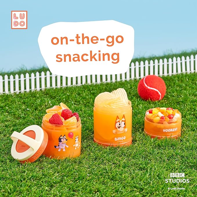 Whiskware Bluey Stackable Snack Containers for Kids and Toddlers, 3 Stackable Snack Cups for School and Travel, Bluey and Bingo, Hooray(Pack of 1)