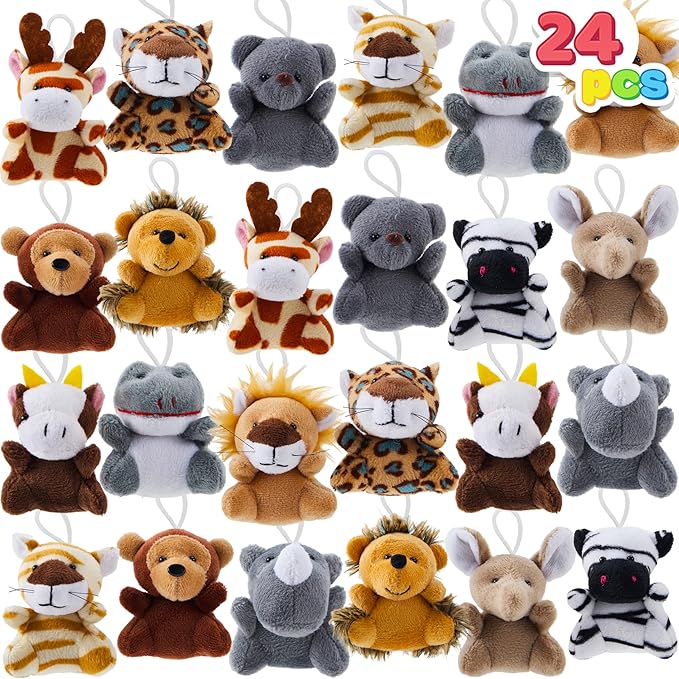 JOYIN 24 Pcs Mini Safari Animal Plush Toys (24 Units 3" Each), Animals Keychain Decoration for Kids, Small Stuffed Animal Bulk for Kids, Carnival Prizes, School Gifts, Party Favor Goodie Bags