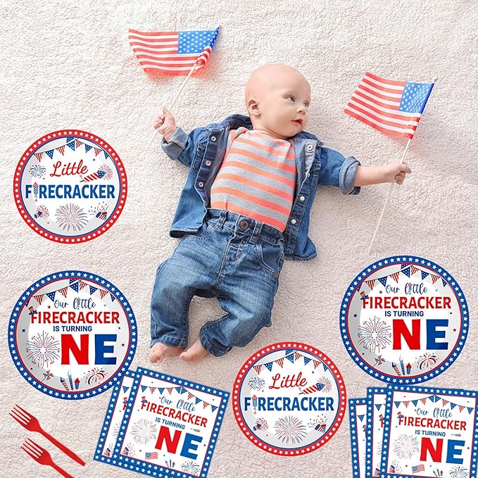 gisgfim 96Pcs Little Firecracker First Birthday Plates and Napkins Party Supplies 4th of July Party Tableware Set Independence Day Patriotic Paper Dinner Birthday Decorations Favors for 24 Guests