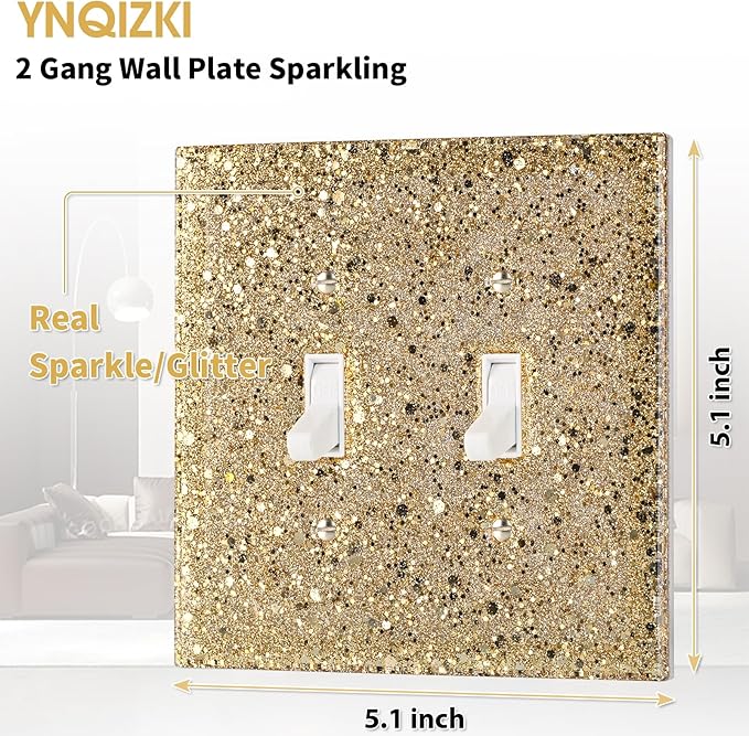Light Switch Cover Plate - Shiny Gold Mirror Finish (2-Gang,5.1" x 5.1") - Sparkle Double Toggle Wall Plate