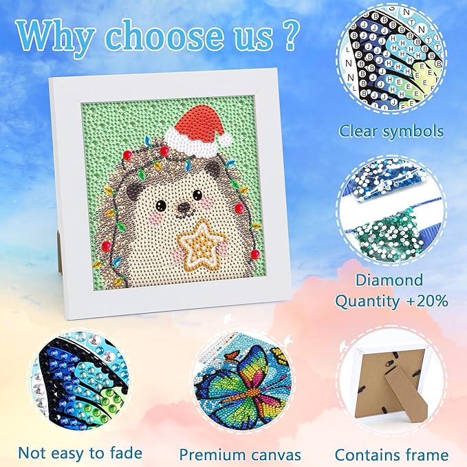 Libfx Diamond Art Kits for Kids with Frame Diamond Art for Girls Boys Beginners Arts and Crafts Ages 8-12 Birthday Gifts (Christmas Hedgehog)