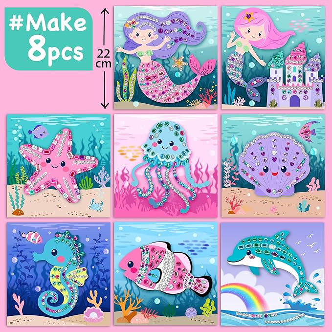 EZCRA Easy Mermaid Gem Sticker Crafts for Kids Ages 4-8 - 800 Sparkly Stickers, 8 Underwater Themes - Arts and Crafts for Kids, DIY Activity, Birthday Gift for Girls