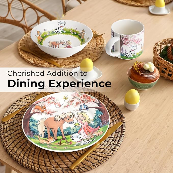 MIAMIO – Set of 3 Kids Dinnerware Set/Porcelain Children Dishes, Kids Dish Set, Children’s Tableware Set - Includes Plate, Bowl and Cup – For Kids and Toddler (Princess)