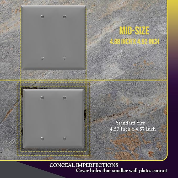 ENERLITES Double Blank Device Wall Plate, Gloss Finish, Mid-Size 2-Gang 4.88" x 4.92", Unbreakable Polycarbonate Thermoplastic, UL Listed, 8802M-GY, Gray
