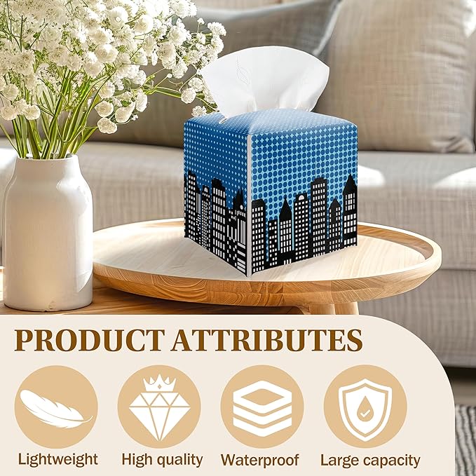 Blue Super Hero City Leather Tissue Box Cover – Tissue Box Holder Square Facial Paper Organizer, Kids Birthday Party Decor & Gift for Bathroom, Super Hero Birthday Party Decorations