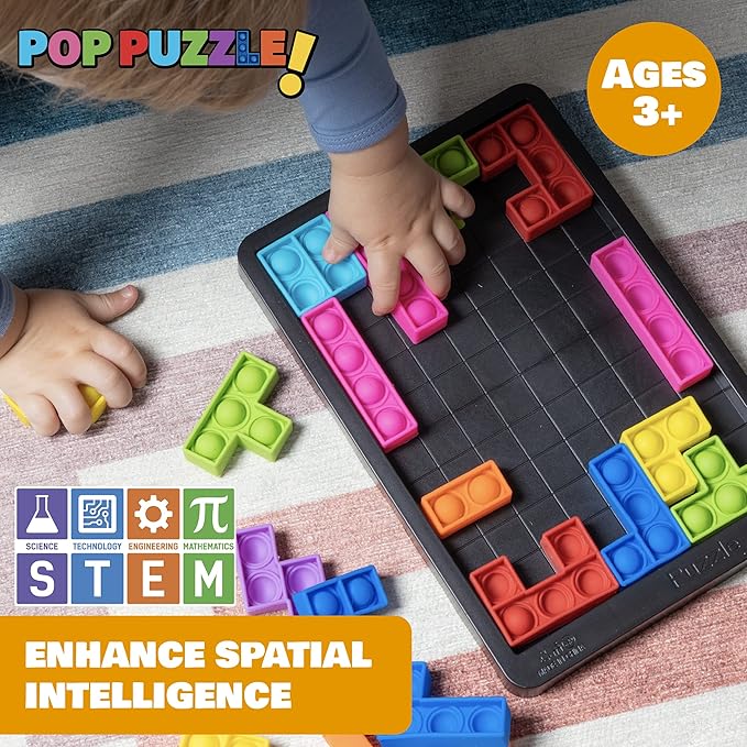 Power Your Fun Pop Puzzle Popper Fidget Game - 27pc Jigsaw Puzzle Game Pop Push It Bubble Sensory Fidget Toys for Learning, Stress Relief Silicone Push It Popper Board for Kids and Adults (Black)