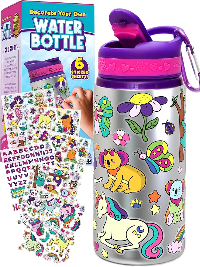 PURPLE LADYBUG Decorate Your Own Water Bottle Kit - Gifts for Girls Ages 4-8 Years Old Birthday, Little Girl Gifts, Kids Water Bottle for School, Valentines Gift for Girls