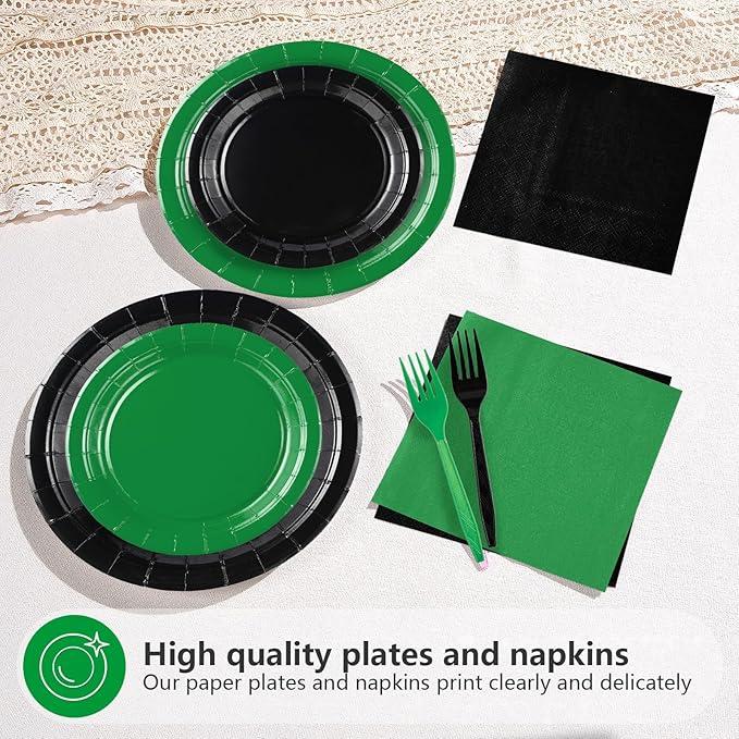 Grencian 96Pcs Green and Black Birthday Decorations Graduation Party Plates and Napkins Solid Color Disposable Heavy Duty Green and Black Tableware Set for Graduation Decorations 2026