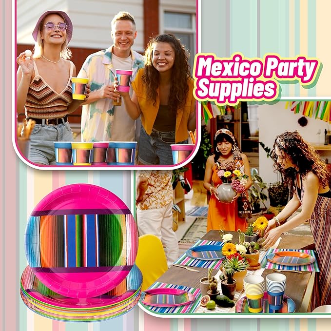 K1tpde Mexico Party Tableware Set - 90PCS Taco Nights Themed Paper Plate Set for Kids Colorful Striped Mexican Birthday Disposable Dinnerware Paper Napkins Forks for Carnival & Fiesta Party Supplies