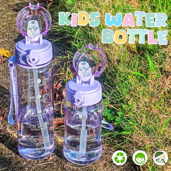 OLDLEY 17oz Kids Water Bottle for school Girls Boys, Motivational Water Bottles With Silicone Straw, Leak-Proof Tritan BPA-Free, Reusable water bottles for kids, Amethyst