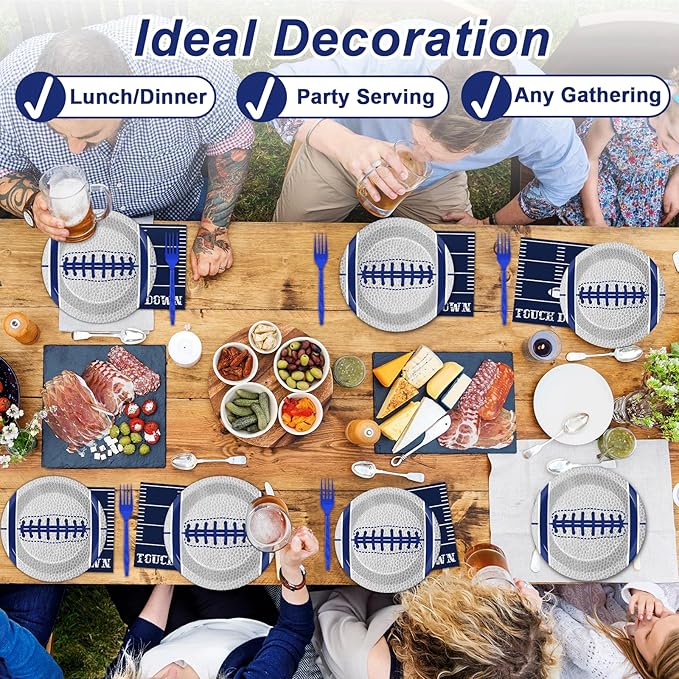 Qyeahkj 25 Guests Cowboys Football Party Plates and Napkins Supplies American Football Team Platters Tableware Set Touch Down Blue & White Decor Favors for Football Fans Boy Sports Team Theme Party