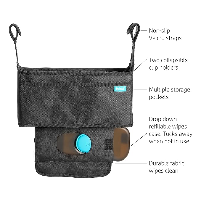 Munchkin Stroller Organizer with Cup Holders and Wet Wipes Case - Travel Storage Bag for Baby and Mom Essentials, Universal Fit, Fits UPPAbaby, Evenflo, BabyTrend and more, Black